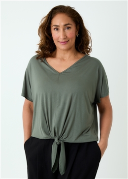 Bamboo Jersey V-Neck Tie Front Short Sleeve Top - Khaki - front view
