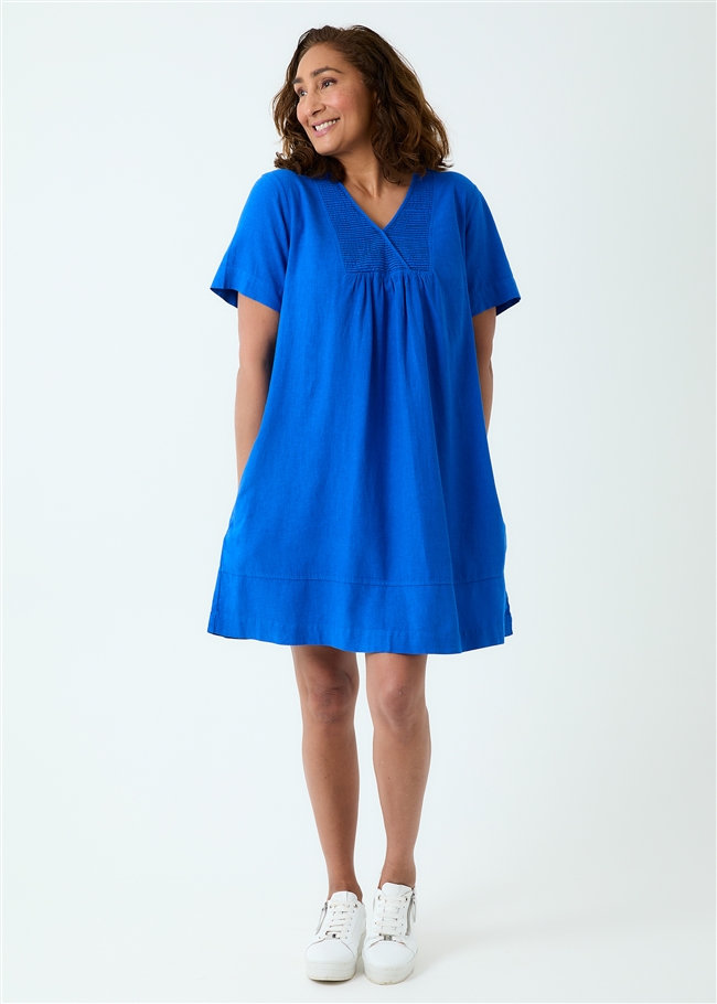 Linen Viscose Pintuck Bib Knee Length Dress