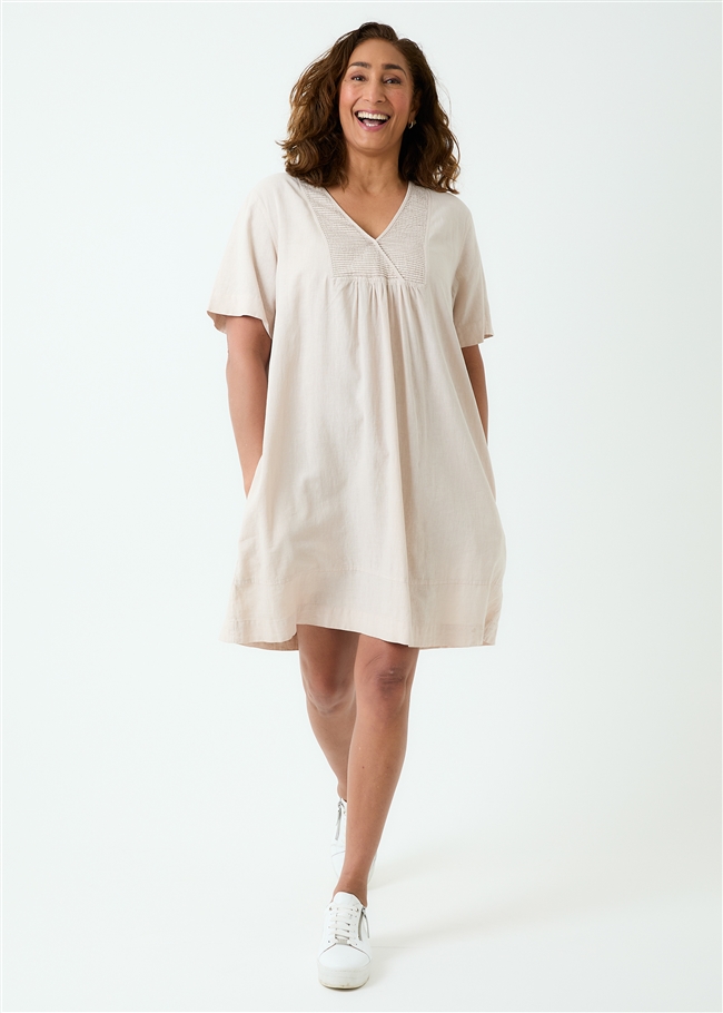 Linen Viscose Pintuck Bib Knee Length Dress
