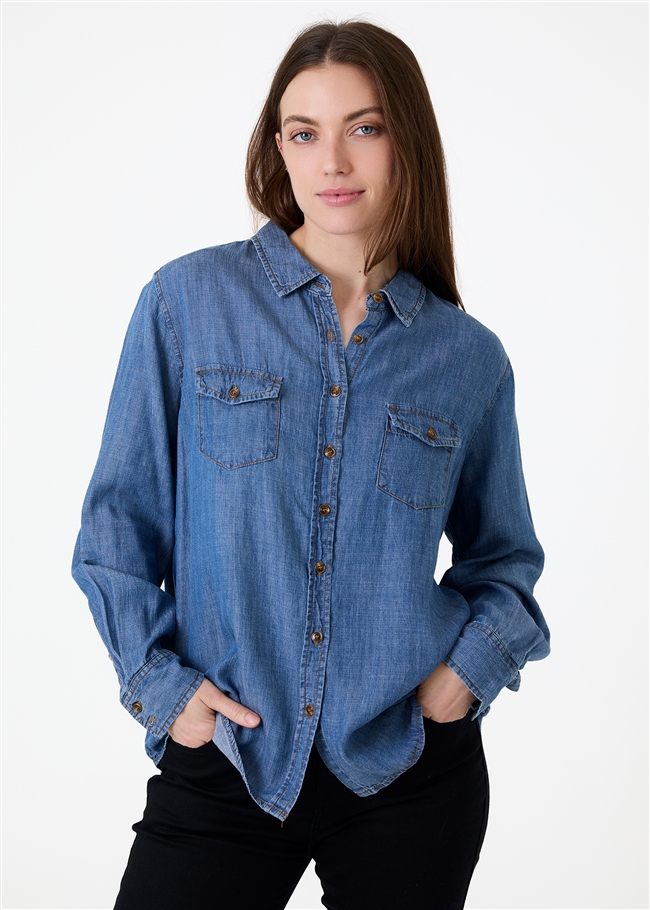 Patch Pocket Denim Shirt - Denim Blue - front view