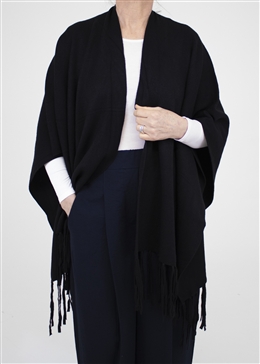 Cashmere Like Tassel Poncho - Black - front view