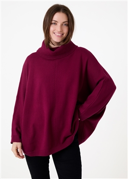 Cashmere Like Mini Cable Roll Neck Jumper - Berry - front view