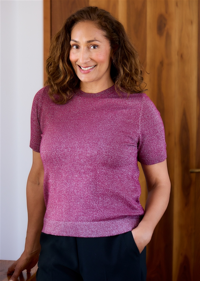 Cashmere Like Lurex Short Sleeve Crew Neck Jumper - Berry - front view