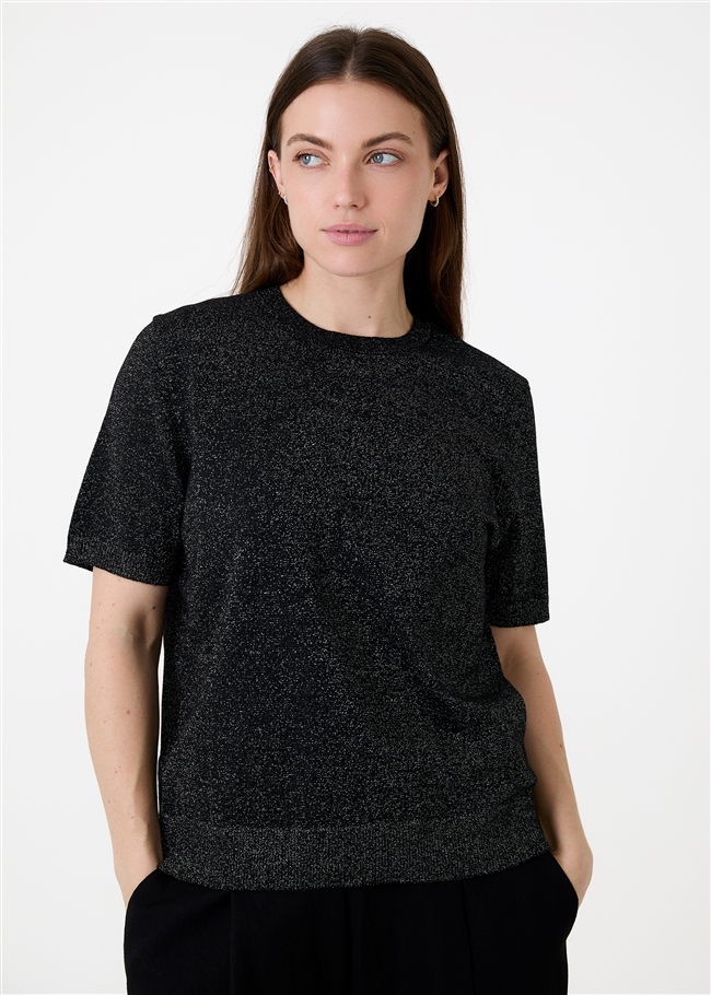 Cashmere Like Lurex Short Sleeve Crew Neck Jumper