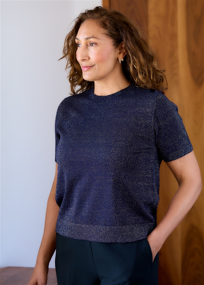 Cashmere Like Lurex Short Sleeve Crew Neck Jumper