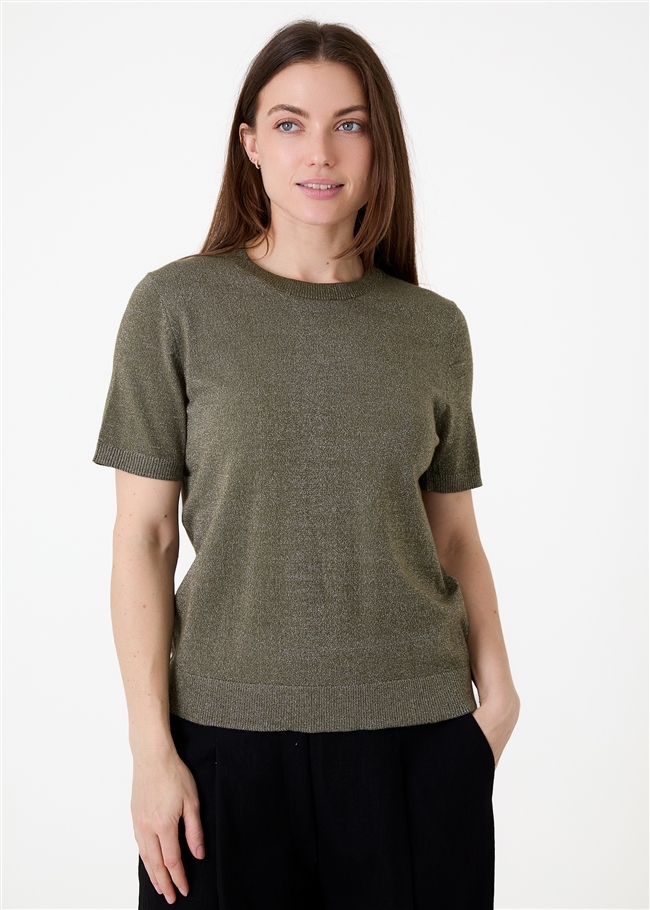 Cashmere Like Lurex Short Sleeve Crew Neck Jumper
