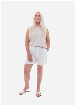 Linen Viscose Elastic Waist Short - White - front view