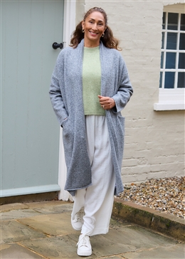 Soft Tweed Roll Collar Coatigan - Mid Grey - front view