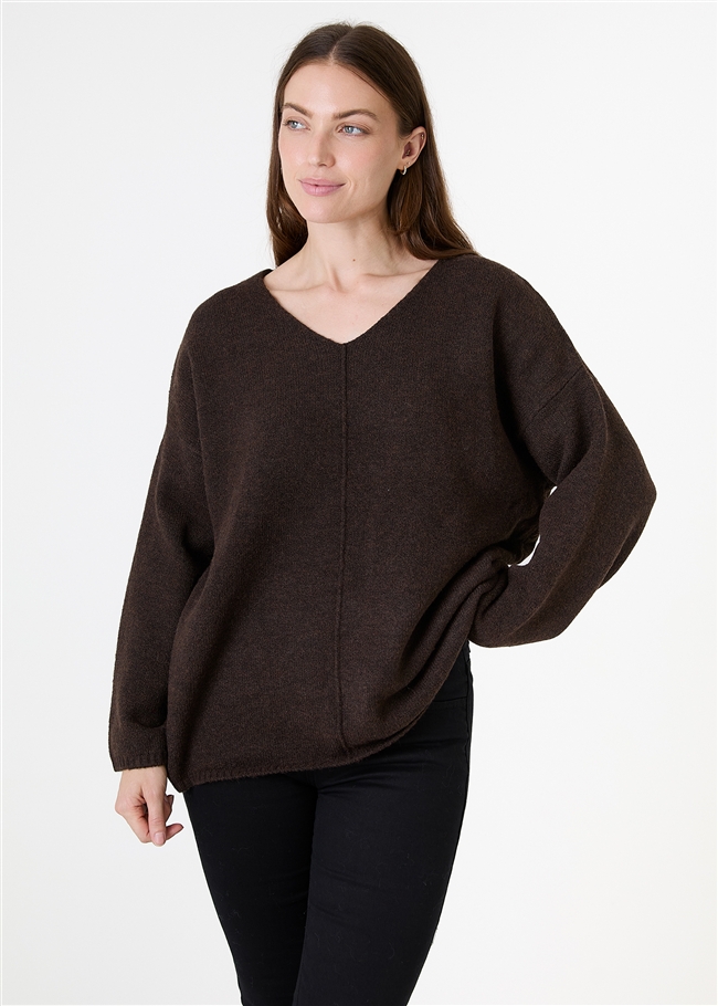 Soft Tweed V-Neck Seam Detail Jumper