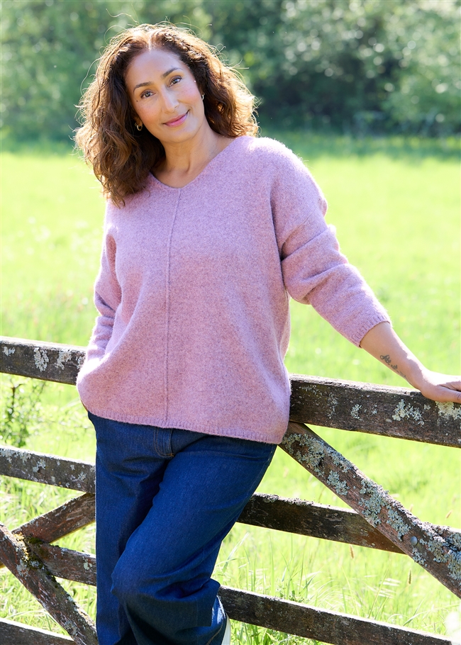 Soft Tweed V-Neck Seam Detail Jumper