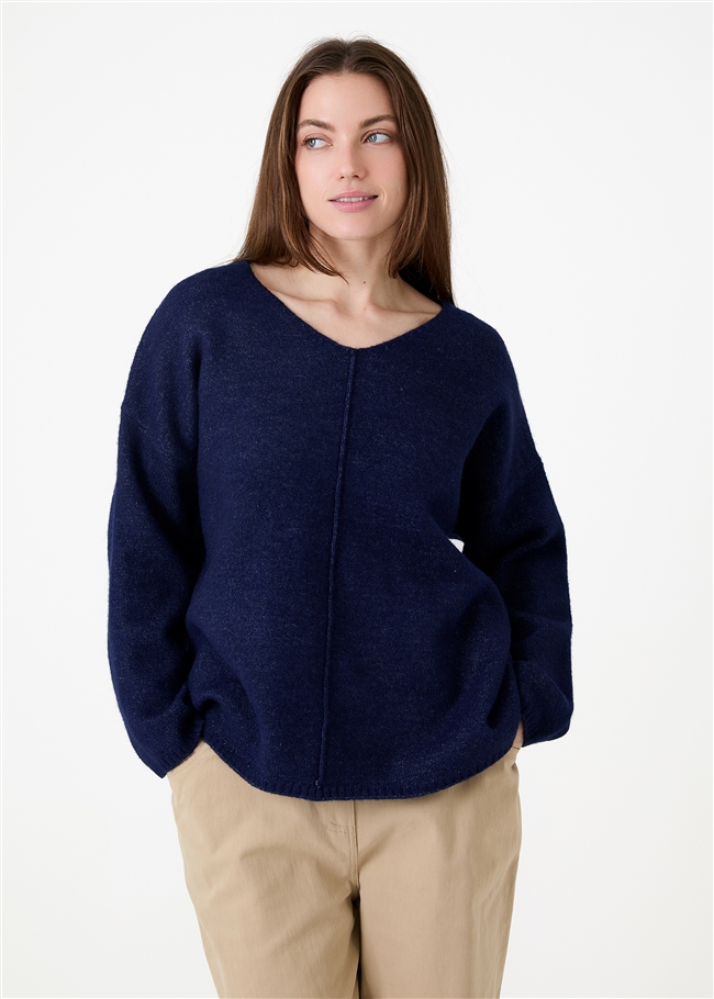 Soft Tweed V-Neck Seam Detail Jumper