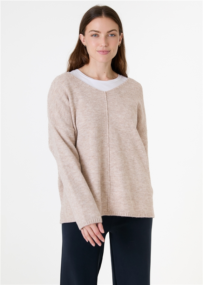 Soft Tweed V-Neck Seam Detail Jumper