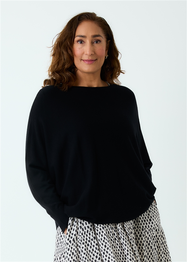 Cashmere Like Roll Edge Batwing Jumper - Black - front view