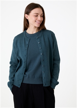 Cashmere Like Crew Neck Crop Cardigan - Sea Blue - side body view