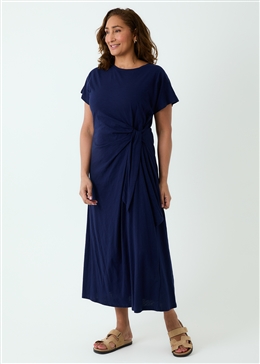 Slub Jersey Knot Front Maxi Dress - Navy Blue - front view