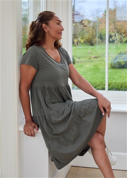 Slub Jersey Tiered Sun Dress - Khaki - side body view