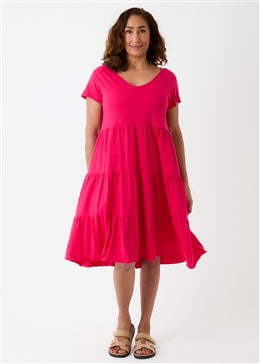 Slub Jersey Tiered Sun Dress - Raspberry - front view