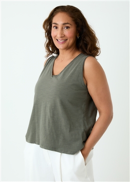 Slub Jersey Raw Edge V-Neck Vest - Khaki - front view