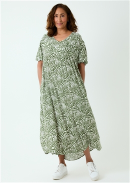 Mini Zebra Puff Sleeve Maxi Dress - Light Khaki - front view
