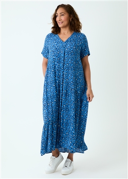 Tonal Leopard Aysmmetric Tiered Dress - Denim Blue - front view