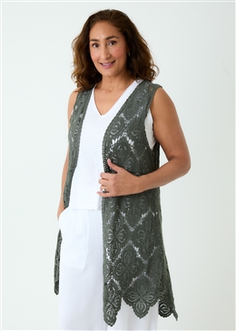 Cotton Crochet Open Front Gilet - Khaki - side body view