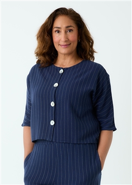 Linen Blend Pinstripe Shell Button Jacket - Navy Blue - front view