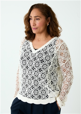 Cotton Crochet V Neck Long Sleeve Top - Cream - front view