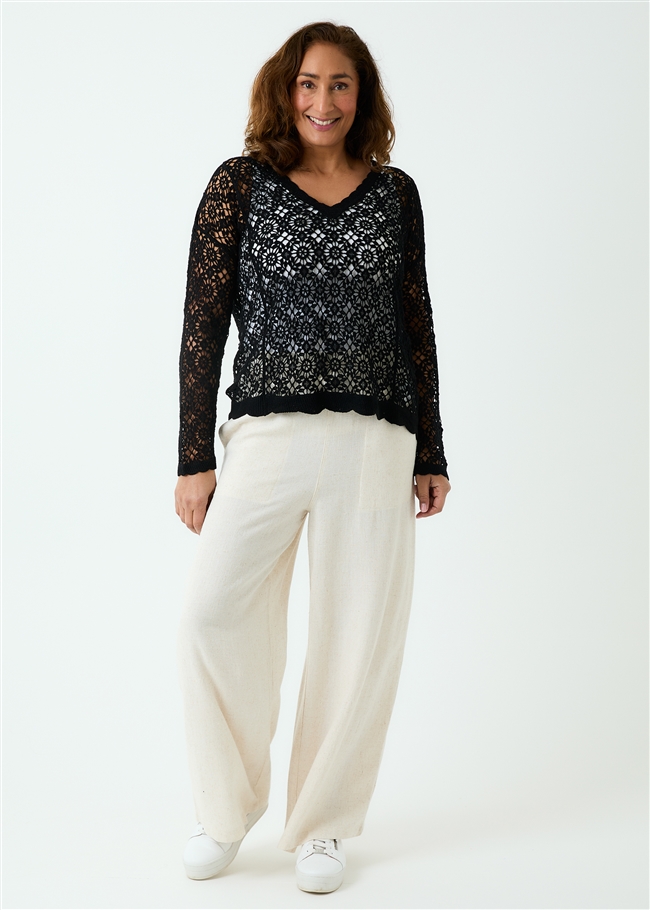 Cotton Crochet V Neck Long Sleeve Top - Black - front view