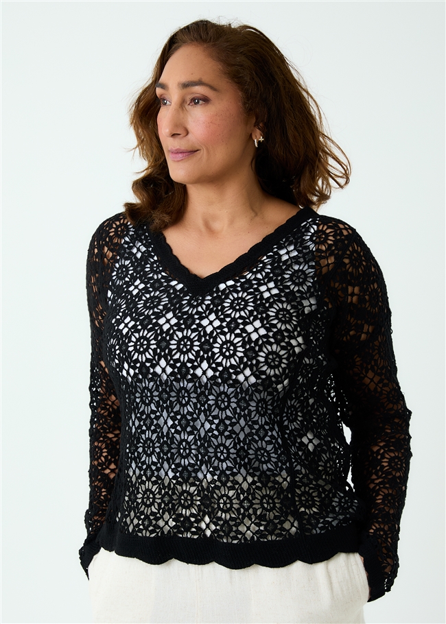 Cotton Crochet V Neck Long Sleeve Top