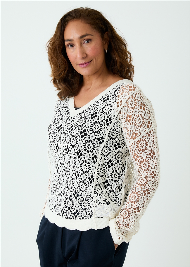 Cotton Crochet V Neck Long Sleeve Top