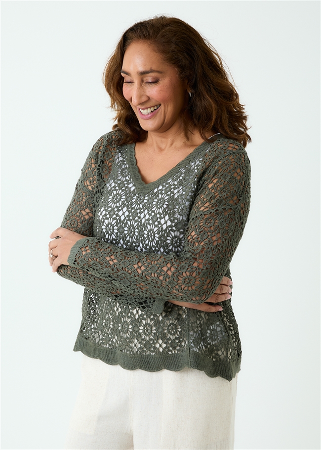 Cotton Crochet V Neck Long Sleeve Top