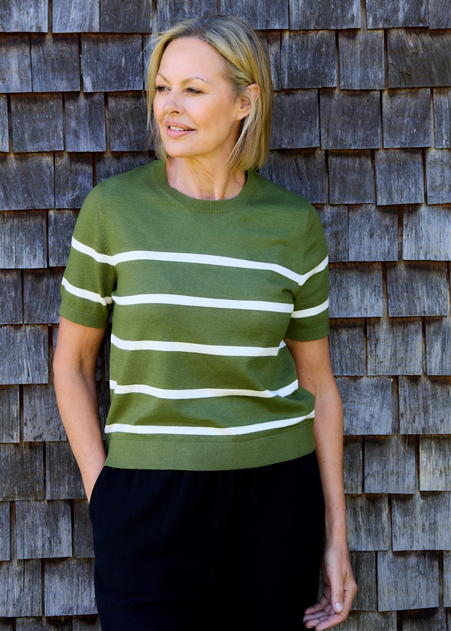 Stripe Crew Neck Short Sleeve Jumper - Leaf Green - front view