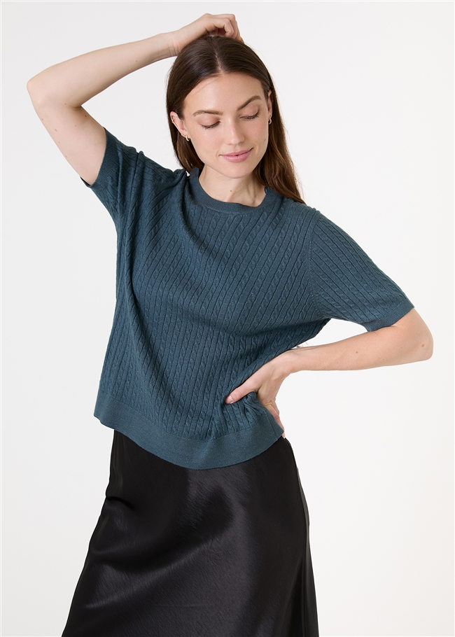 Cashmere Like Cable Short Sleeve Jumper - Sea Blue - side body view