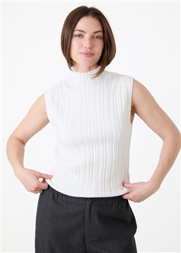 Cashmere Like Varied Rib Turtle Neck Vest - Ivory - side body view