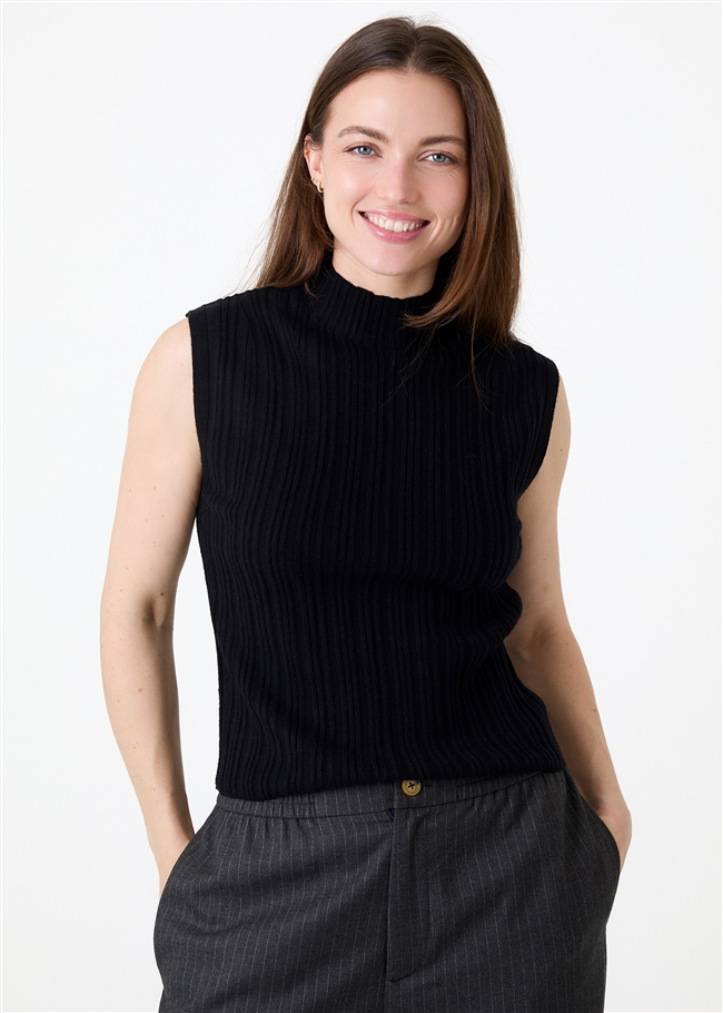 Cashmere Like Varied Rib Turtle Neck Vest