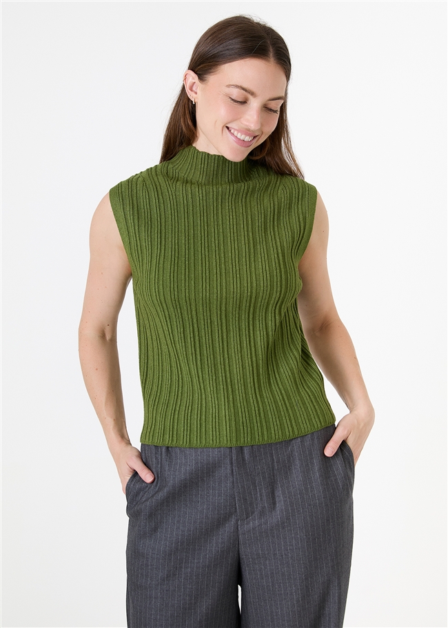 Cashmere Like Varied Rib Turtle Neck Vest