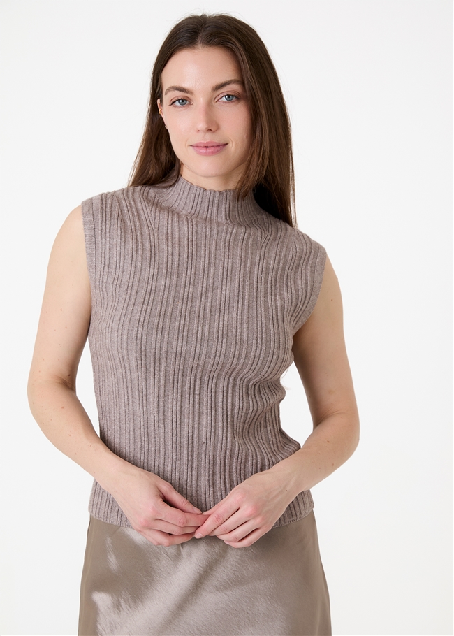 Cashmere Like Varied Rib Turtle Neck Vest - Mink - front view