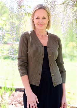 Cashmere Like Varied Rib Fitted Cardigan - Olive - front view