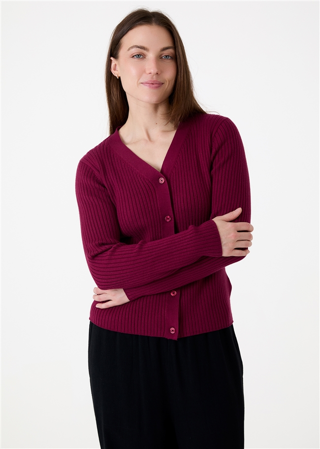 Cashmere Like Varied Rib Fitted Cardigan