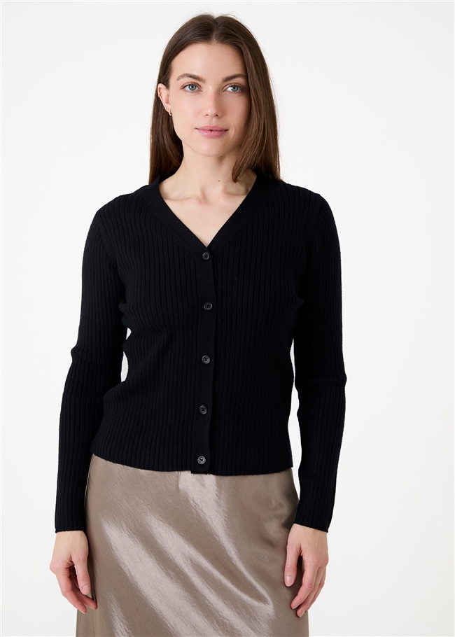 Cashmere Like Varied Rib Fitted Cardigan