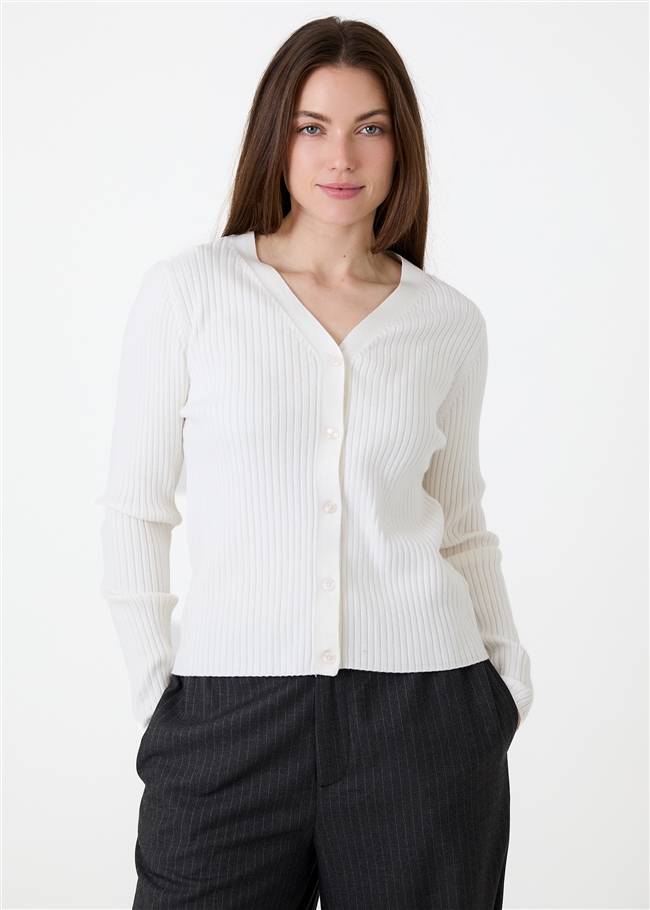 Cashmere Like Varied Rib Fitted Cardigan