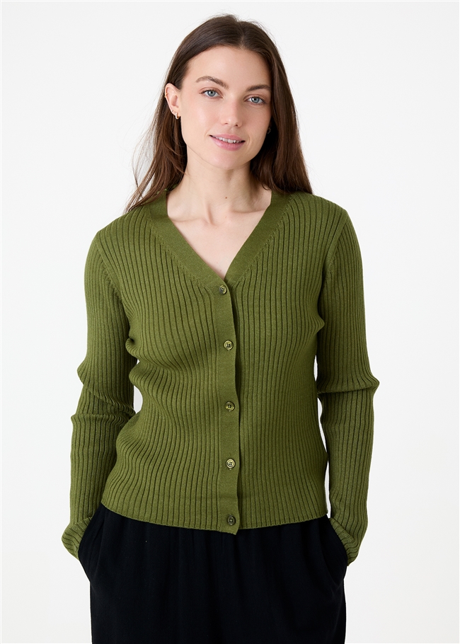 Cashmere Like Varied Rib Fitted Cardigan