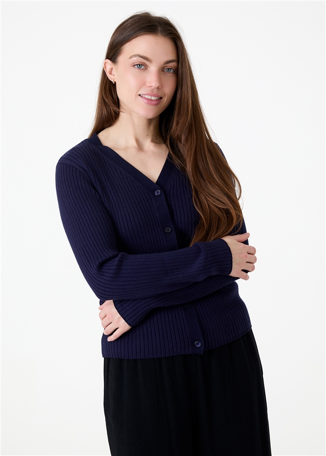 Cashmere Like Varied Rib Fitted Cardigan