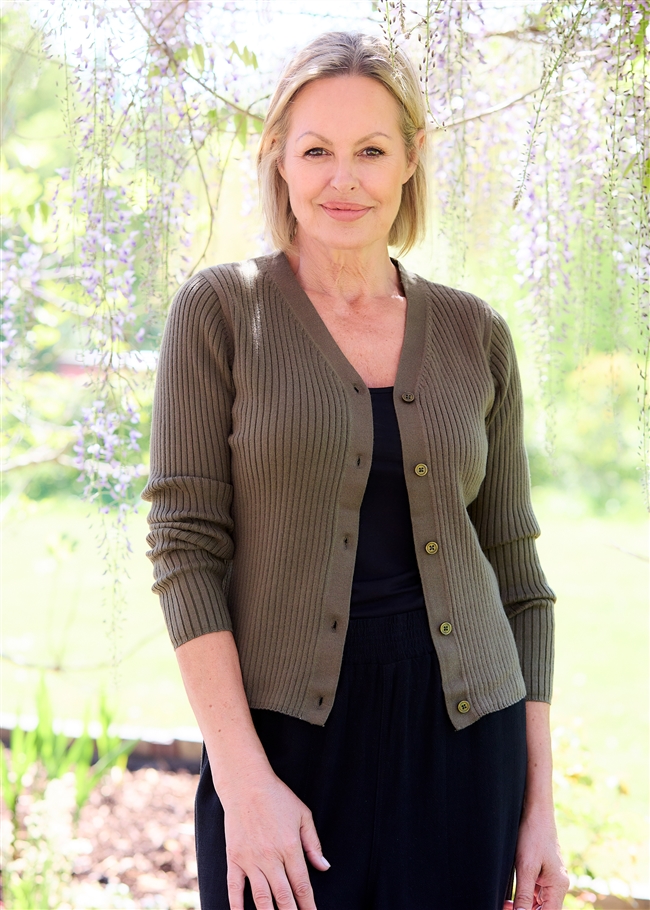 Cashmere Like Varied Rib Fitted Cardigan - Olive - front view
