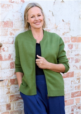 Cashmere Like Heavyweight Knit Bomber Jacket - Leaf Green - front view