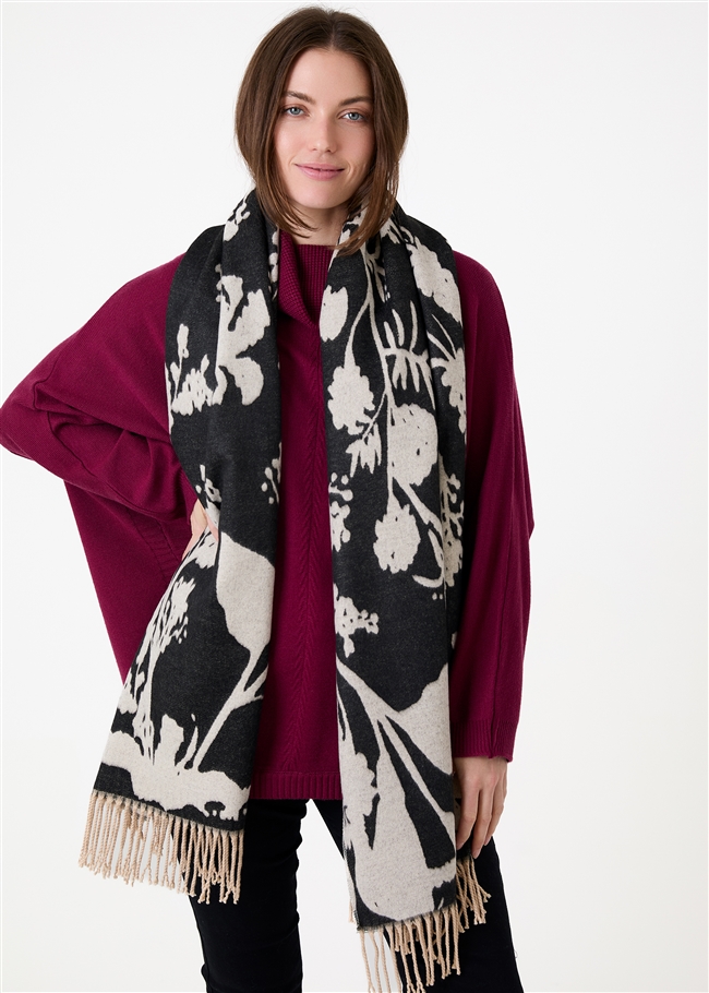 Floral Jacquard Scarf - Black - front view
