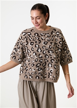 Leopard Jacquard Short Sleeve Raglan Jumper - Stone - front view