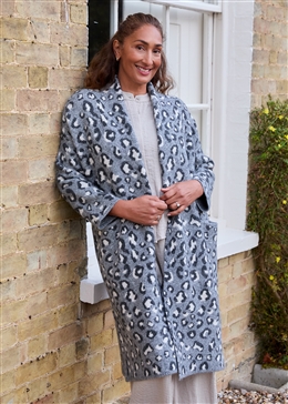 Leopard Jacquard Roll Collar Coatigan - Light Grey - side body view