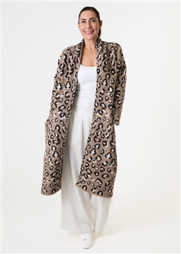Leopard Jacquard Roll Collar Coatigan - Stone - front view