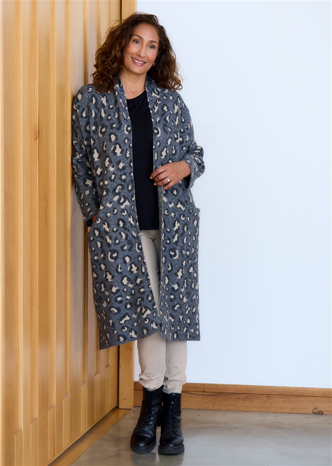 Leopard Jacquard Roll Collar Coatigan